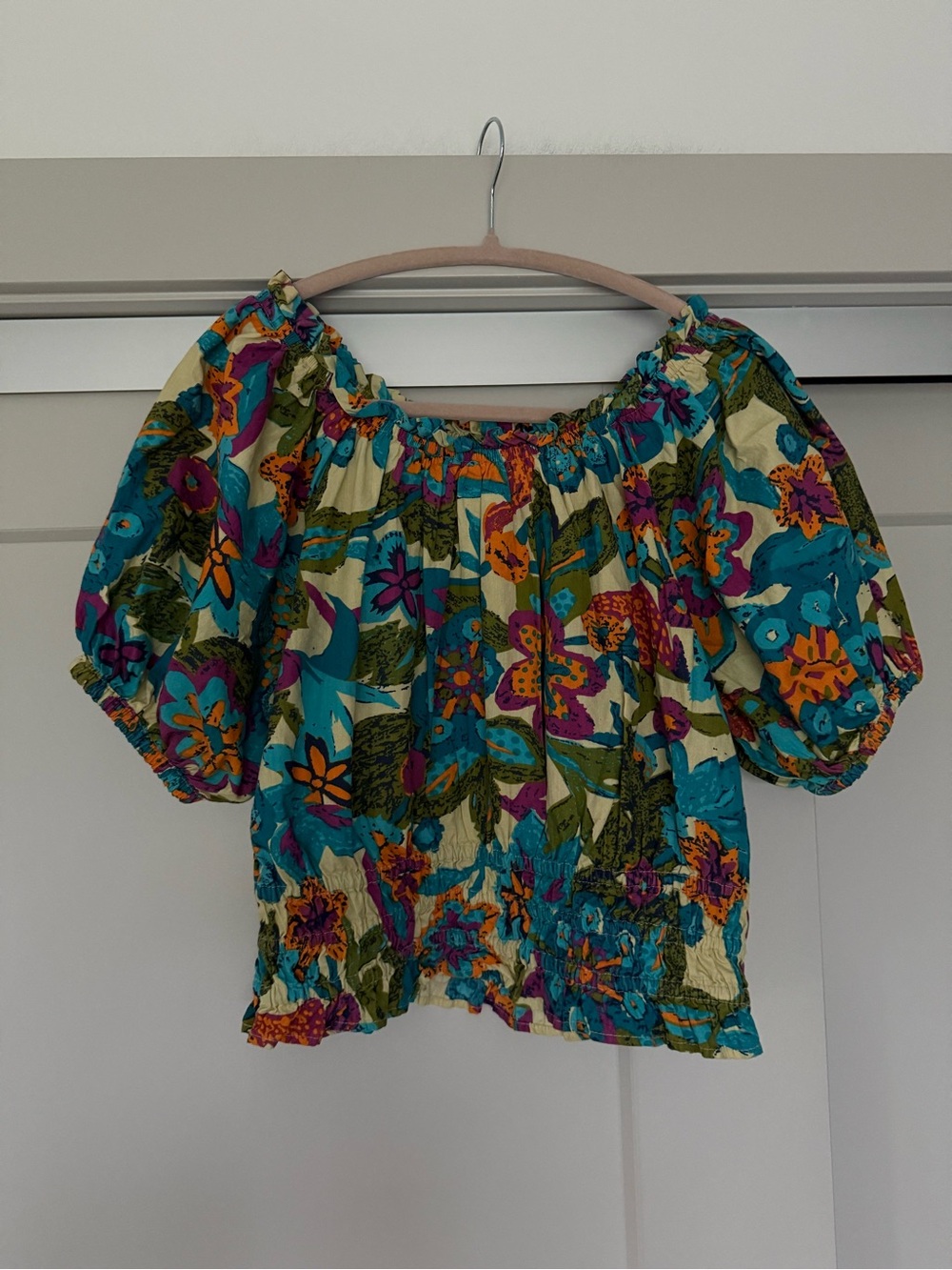 Jennifer Grace Teal Multi Floral Off-Shoulder Top